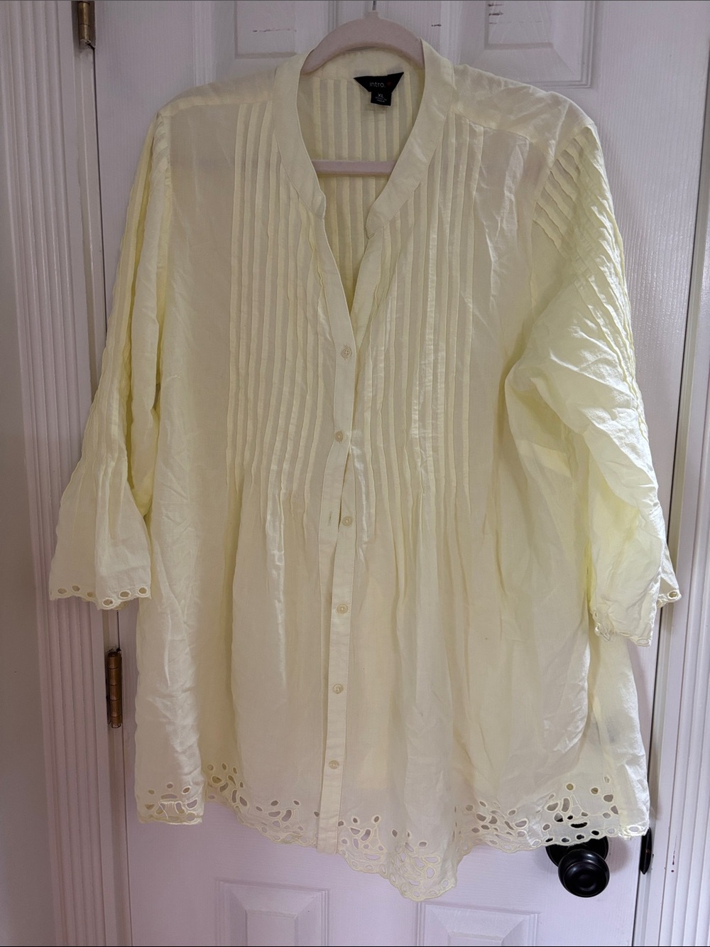 intro. Pale Yellow Pintuck Button-Front Blouse